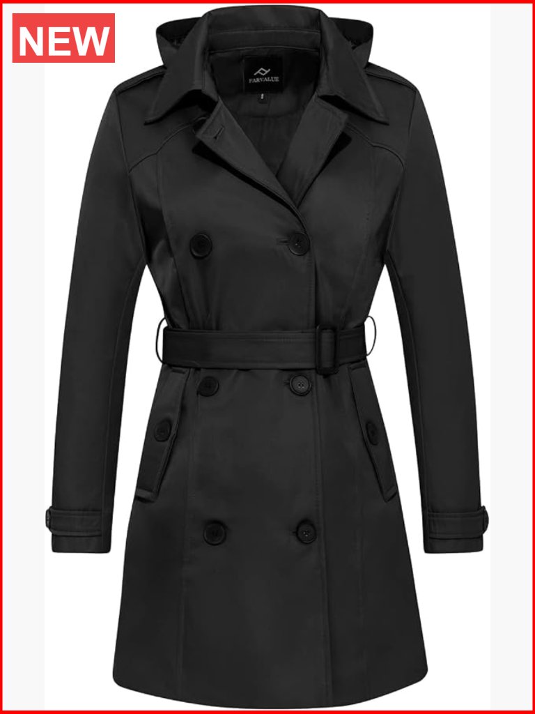 Waterproof Trench Coat Double Breasted Windbreaker Classic Belted Lapel